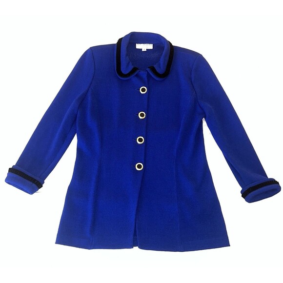 St. John Collection Marie Gray Santana Knit Jacket Royal Blue Black Ruffle Trim - Picture 1 of 10